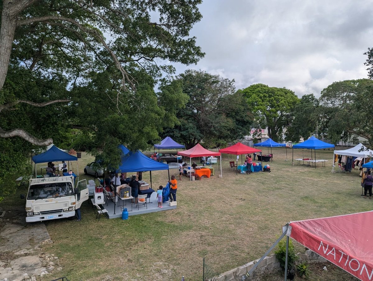 Wide view of the outdoor community event with multiple blue and red vendor tents in a grassy field surrounded by mature trees
