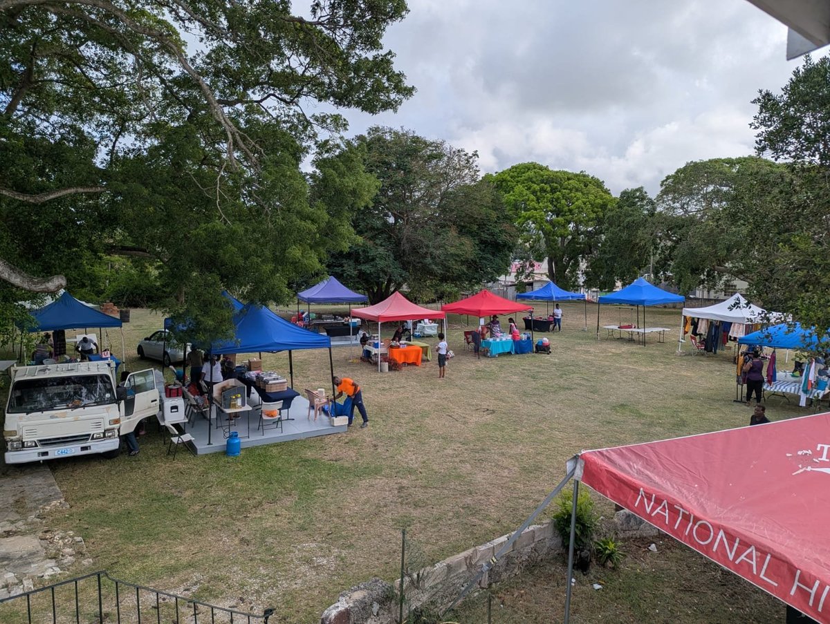Outdoor community fair with multiple colored vendor tents and booths scattered across a grassy field surrounded by trees