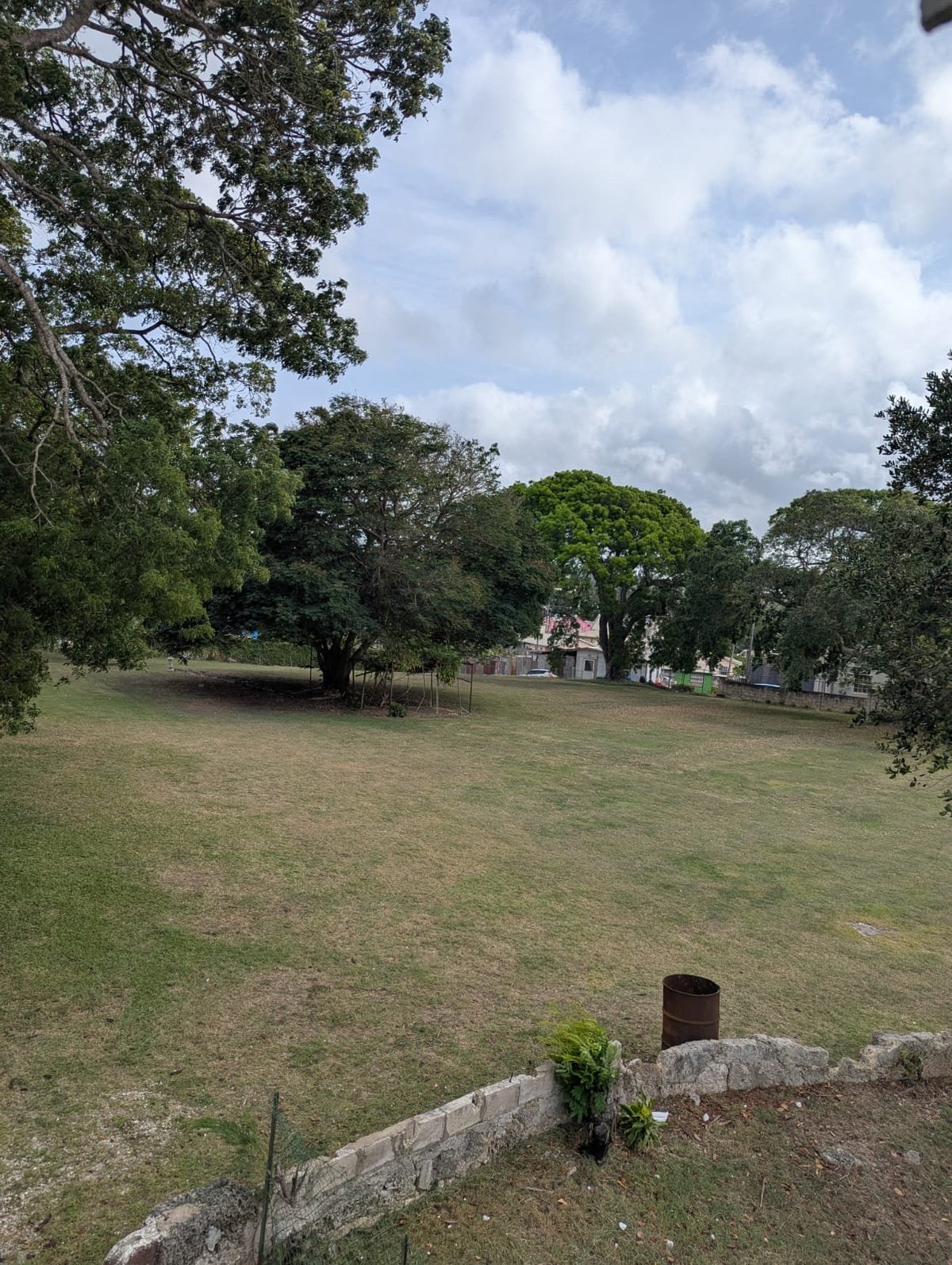 Open grassy field with trees, stone walls in foreground, and buildings visible in distant background under cloudy sky at Jackson House Grounds